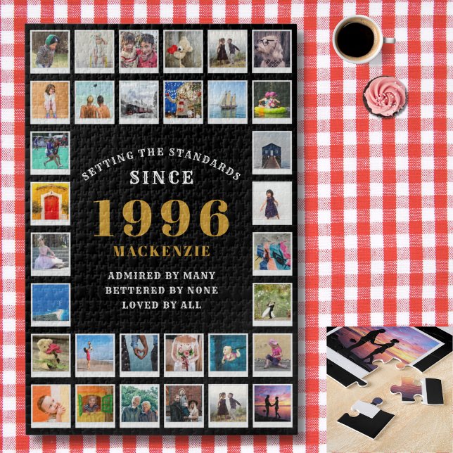 Quebra-cabeça 30th Birthday 1996 Family Memories Photo Collage  (1996 Jigsaw photo template. Checked tablecloth background)