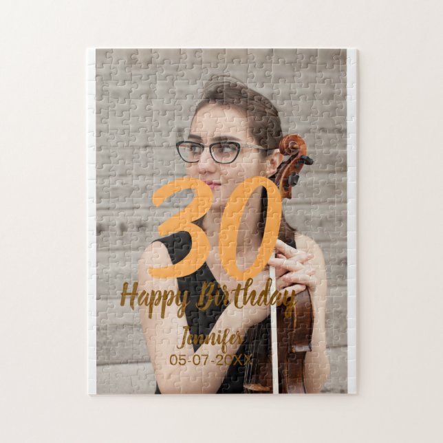 Quebra-cabeça 30th birthday add name date year white photo (Vertical)