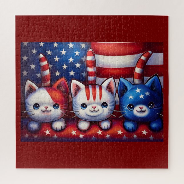 Quebra-cabeça 3 Gatinhos Patrióticos Em Uma Cena Com A Bandeira  (Vertical)