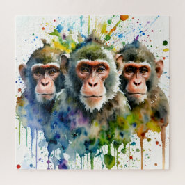 Quebra-cabeça 3 Macacos Arte Colorida Por Aquarela