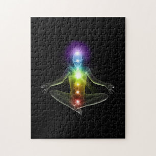 Quebra-cabeça 3d humano em yoga posam com chakras
