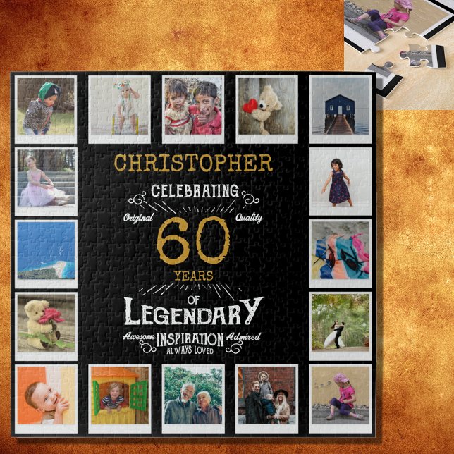 Quebra-cabeça 60º aniversário Colagem de Fotos Dourada Preta (A personalized elegant 60th birthday vintage puzzle that is easy to customize but hard to complete.)