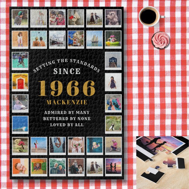 Quebra-cabeça 60th Birthday 1966 Family Memories Photo Collage (1966 photo collage jigsaw puzzle. Background red and white check tablecloth.)