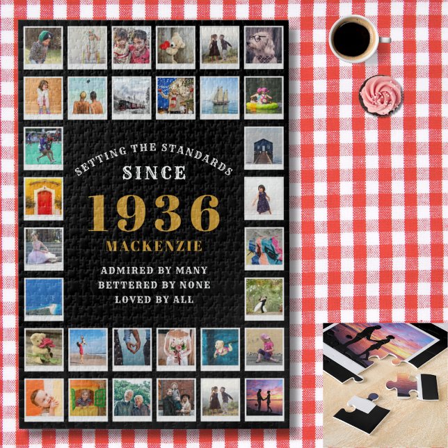 Quebra-cabeça 90th Birthday 1936 Family Memories Photo Collage (1936 photo collage jigsaw puzzle. Background red and white check cloth.)