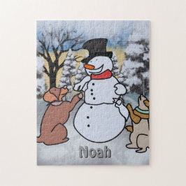 Quebra-cabeça A amizade do boneco de neve, cão e gato | engraçad