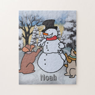 Quebra-cabeça A amizade do boneco de neve, cão e gato engraçad
