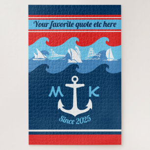 Quebra-cabeça A âncora do monograma acena náutico azul branco