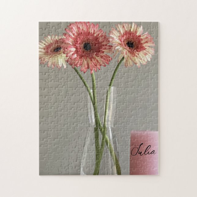 Quebra-cabeça A Feliz Gerbera Rosa Flor Foto +Nome Personalizado (Vertical)