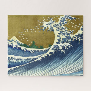 Quebra-cabeça A Grande Onda (Arte Japonesa Azul e Dourada, Hokus