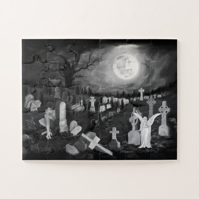 Quebra-cabeça À noite no cemitério - Anjo com o Diabo (Horizontal)