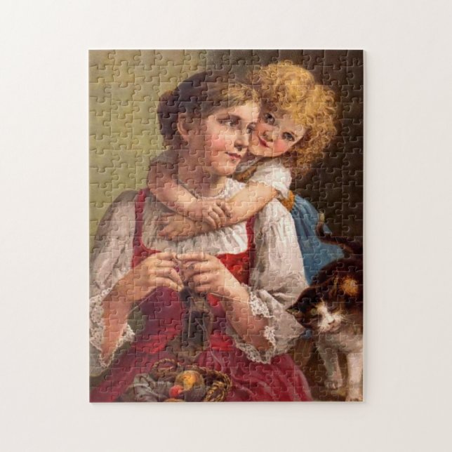 Quebra-cabeça A tricotar mãe com filho e gato (Vertical)
