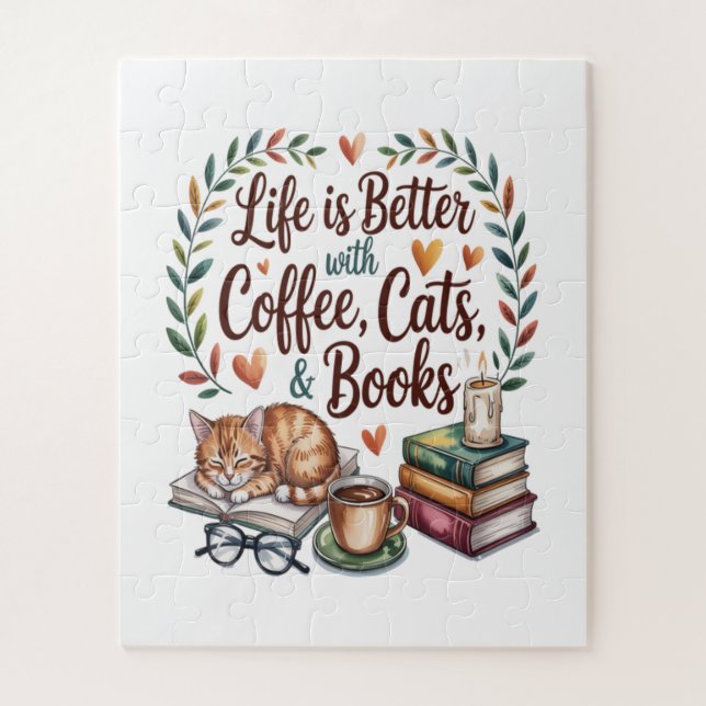 Quebra-cabeça A Vida é Melhor com Café Gatos Livros (Vertical)