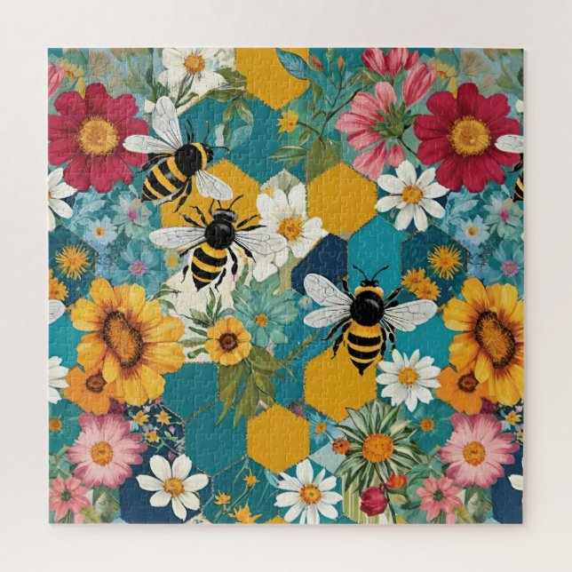 Quebra-cabeça Abejas y Florales Patrón de abeja flor (Vertical)