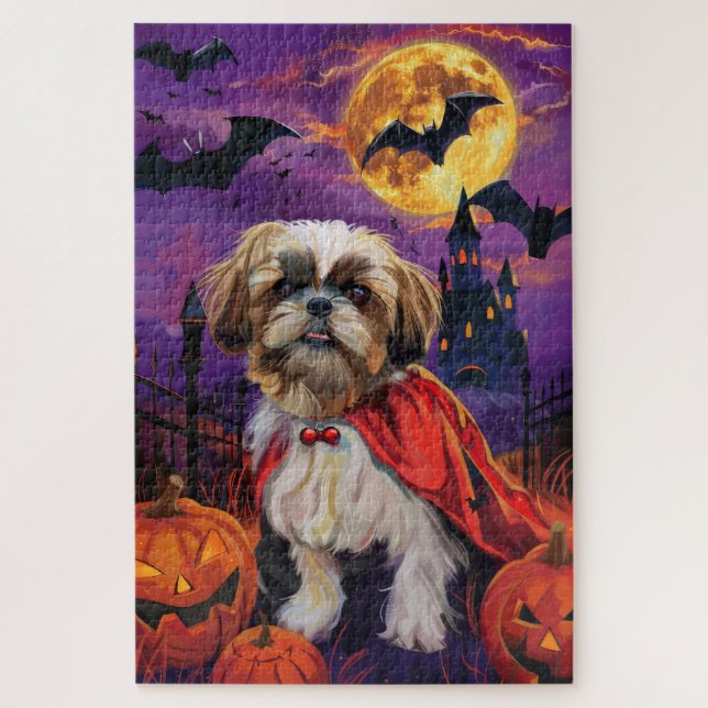 Quebra-cabeça Abóbora de Vampiro de Halloween Shih Tzu Assustado (Vertical)