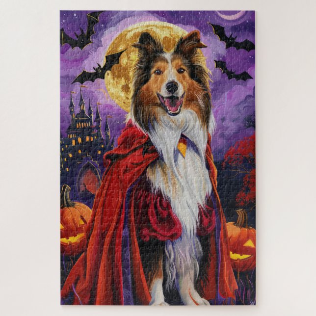 Quebra-cabeça Abóbora de Vampiro Rough Collie de Halloween Assus (Vertical)