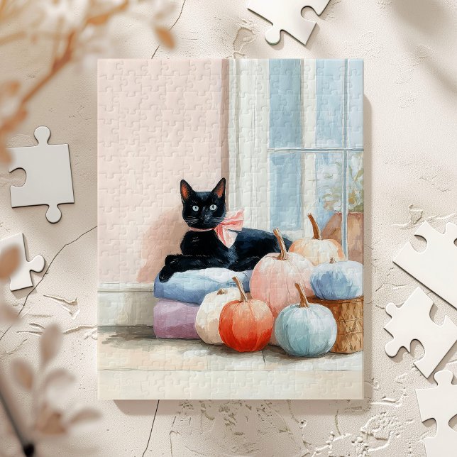 Quebra-cabeça Abóbora Pastel Outono Aconchegante Gato Preto (Criador carregado)
