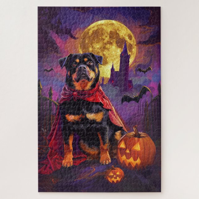 Quebra-cabeça Abóbora Vampira Rottweiler Assustadora de Hallowee (Vertical)