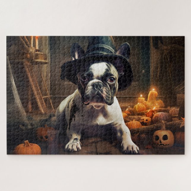 Quebra-cabeça Abóboras Assustadoras de Halloween do Bulldog Fran (Horizontal)