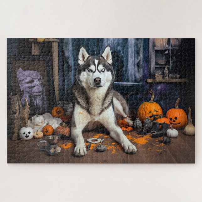Quebra-cabeça Abóboras Cão Siberiano Husky Dia das Bruxas Assust (Horizontal)