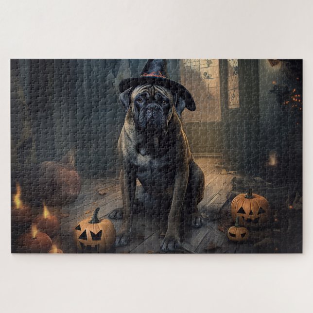 Quebra-cabeça Abóboras de Halloween Assustadoras Bullmastiff (Horizontal)