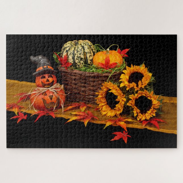 Quebra-cabeça Abóboras de Halloween e Girassóis Jigsaw Puzzle (Horizontal)