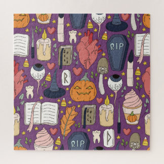 Quebra-cabeça Abóboras de Halloween, padrão contínuo de bruxa.