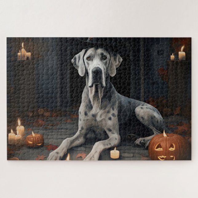 Quebra-cabeça Abóboras Great Dane Halloween Assustador Flip (Horizontal)