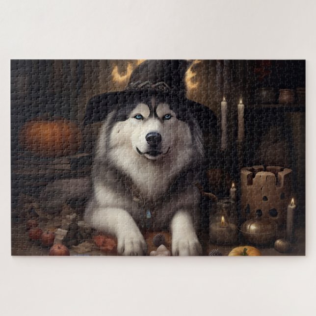 Quebra-cabeça Abóboras Malamute do Alasca Dia das Bruxas Assusta (Horizontal)