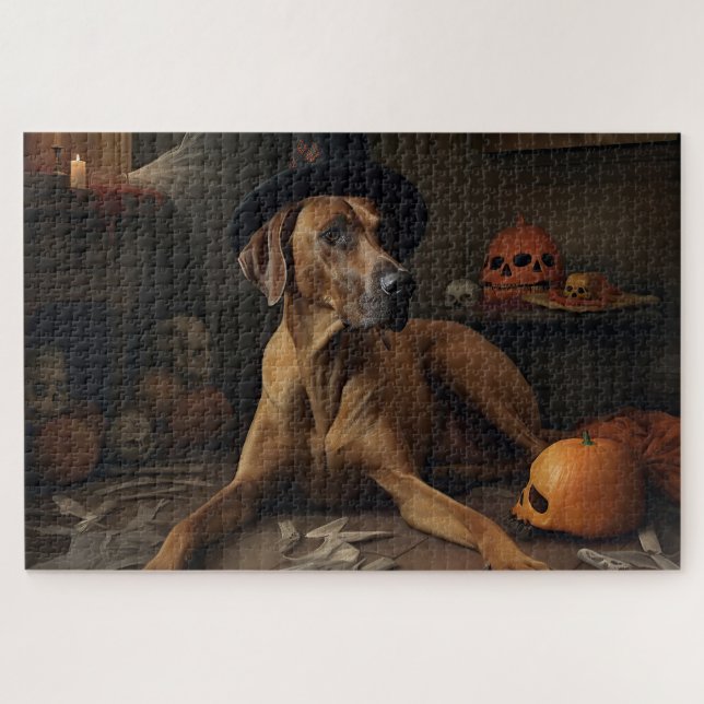 Quebra-cabeça Abóboras Ridgeback da Rodésia Halloween Assustador (Horizontal)