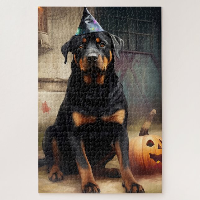 Quebra-cabeça Abóboras Rottweiler de Halloween Assustadoras (Vertical)