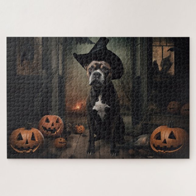 Quebra-cabeça Abóboras Staffordshire Terrier Halloween Assustado (Horizontal)