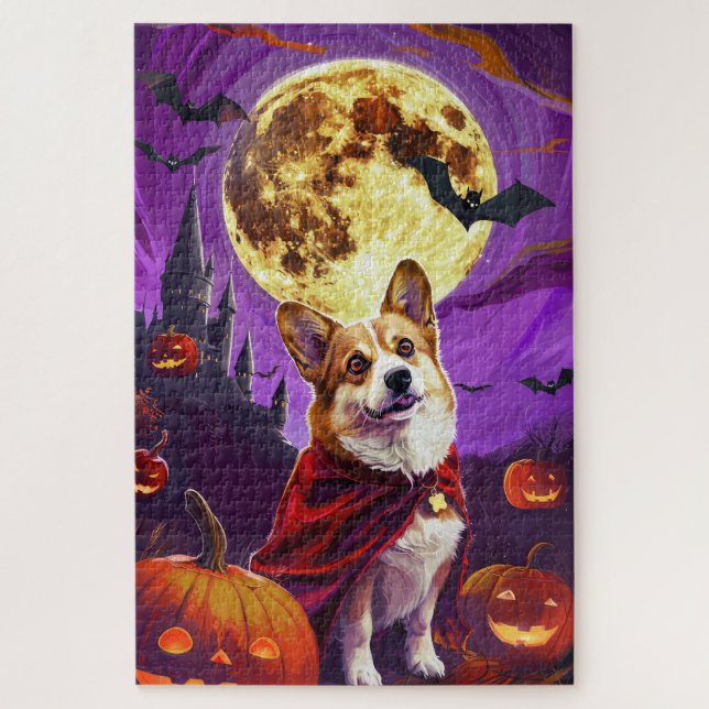 Quebra-cabeça Abóboras Vampiras Assustadoras de Halloween Corgi (Vertical)