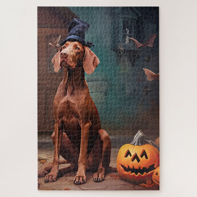 Quebra-cabeça Abóboras Vizsla de Halloween Assustadoras (Vertical)