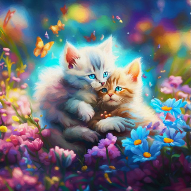 Quebra-cabeça Abraço de Bigodes: Gatinhos Com Borboletas (A charming kittens with flowers and butterflies jigsaw puzzle.)