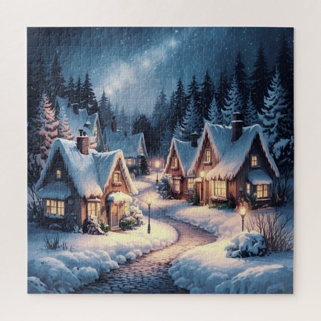 Quebra-cabeça Abraço de inverno: Uma vila nevada à noite (Vertical)