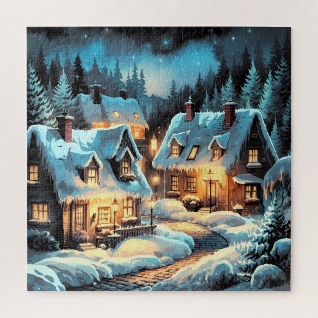 Quebra-cabeça Abraço de inverno: Uma vila nevada à noite (Vertical)