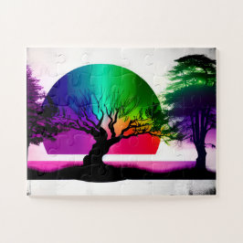 Quebra-cabeça Abstrato Arco-Íris Por Trás de Árvore Negra Silhue