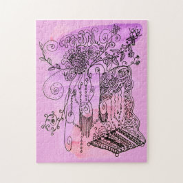 Quebra-cabeça Abstrato Art Floral Roxo-Laranja Caneta e Tinta