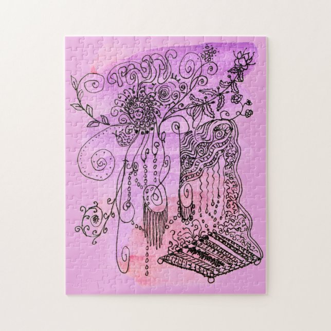 Quebra-cabeça Abstrato Art Floral Roxo-Laranja Caneta e Tinta (Vertical)