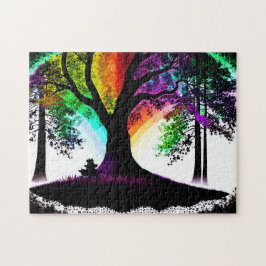 Quebra-cabeça Abstrato Black Silhouette Trees e Folhas Coloridas