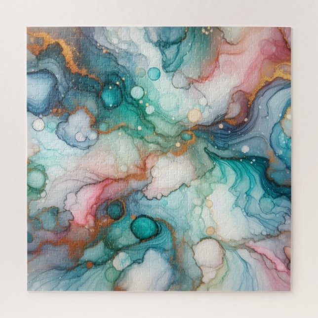 Quebra-cabeça Abstrato em Rosa, Azul Claro, Azul e Dourado (Vertical)