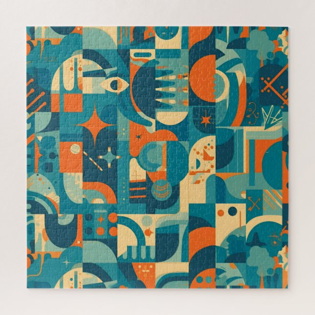 Quebra-cabeça Abstrato Geométrico Laranja e Azul-Verde (Vertical)