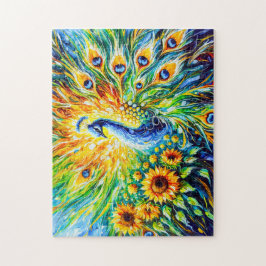 Quebra-cabeça Abstrato Pavão com girassóis em pintura