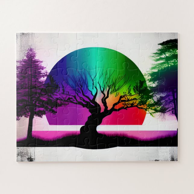 Quebra-cabeça Abstrato Rainbow Por Trás Da Árvore Florestal Silh (Horizontal)