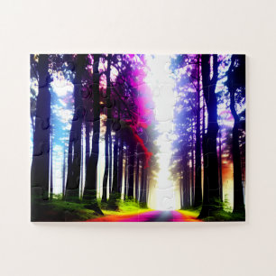 Quebra-cabeça Abstrato Rainbow Sunlight Através da Floresta