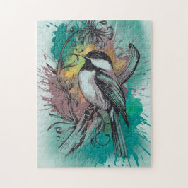 Quebra-cabeça Abstrato Watercolor Chickadee - Teal
