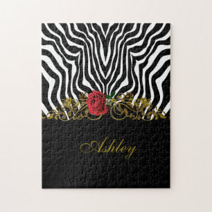 Quebra-cabeça Abstrato Zebra Flor Vermelho Negro Branco Dourado
