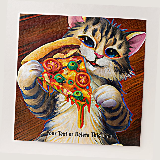 Quebra-cabeça Adicionar texto de nome, gato engraçado com pizza (Criador carregado)
