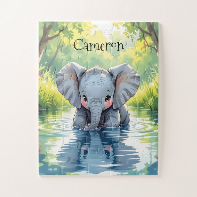 Quebra-cabeça Adorable Baby Elephant and Reflection Personalized (Vertical)
