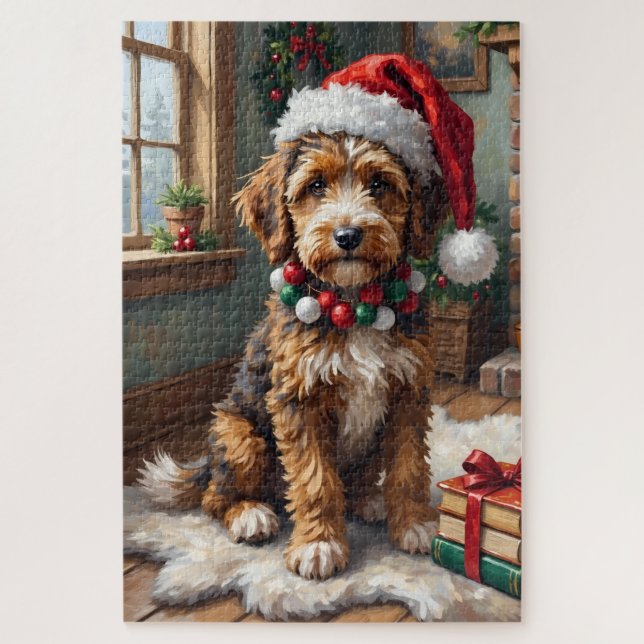 Quebra-cabeça Adorable Bernedoodle Dog Cozy Knitted Santa Hat (Vertical)